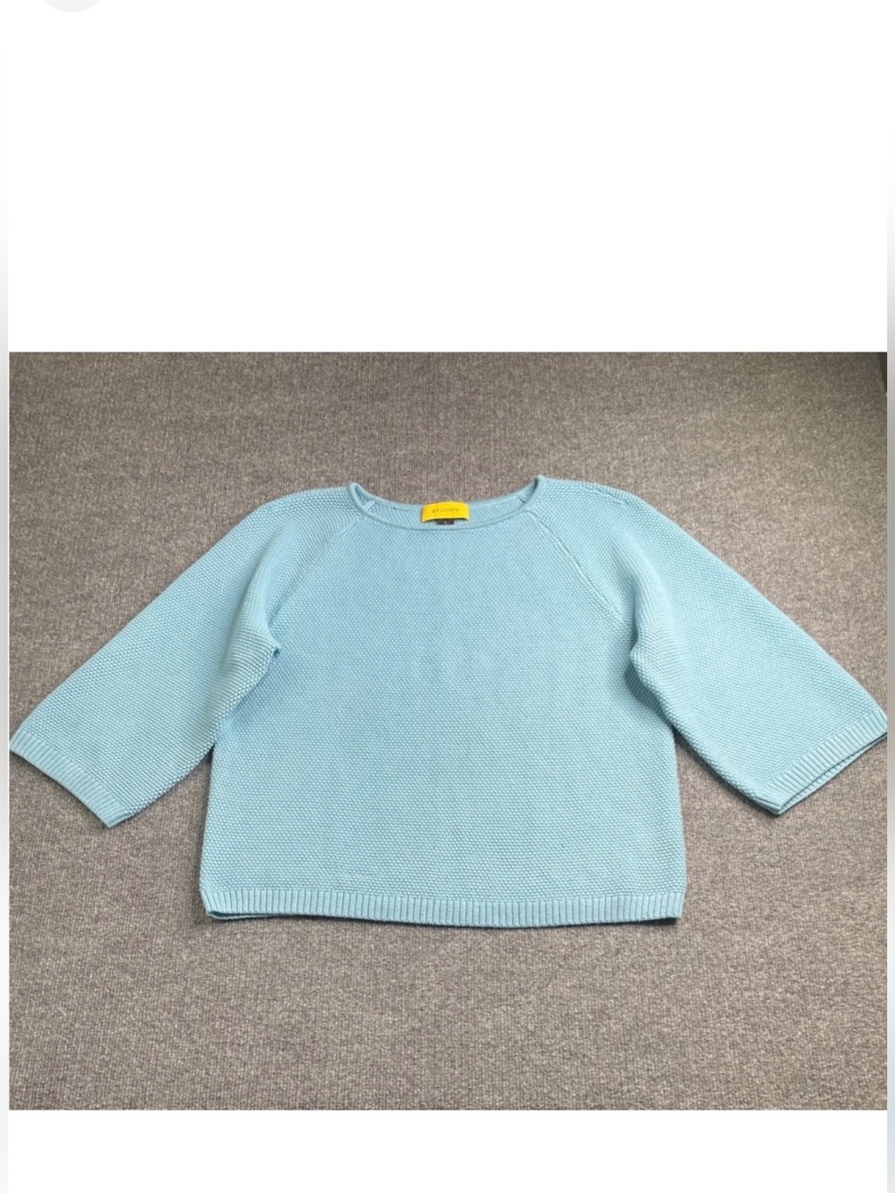 St. John Sweater Womens Medium Aqua Blue 100% Wool 3/4 Sleeve Boat Neck Blouse
